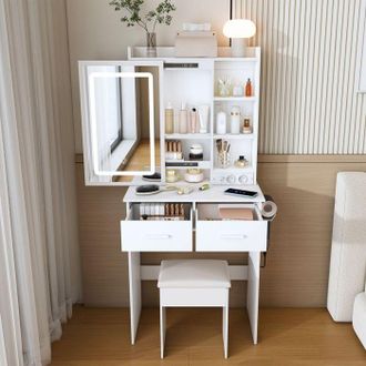 OEM Pocketpop Tocador Con Espejo Y Taburete, Iluminaci&oacute;n Led Regulable Y Toma De Corriente, 2 Cajones, Para Habitaciones Peque&ntilde;as, Blanco