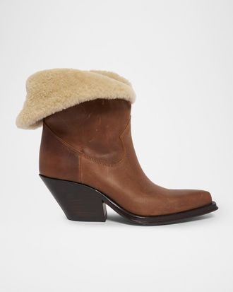 Chlo&eacute; 65mm Azelan Shearling-Lined Western Leather Ankle Boots
