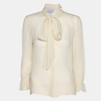 Luisa Beccaria Off White Chiffon Scarf Neck Button Front Blouse
