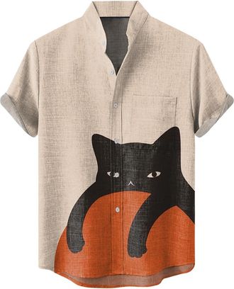 Generic Hawaiian Shirts for Men Short Sleeve Cats T-Shirt Button Down Shirt with Pocket Summer Tropical Tops Vacation Clothes Camisas De Hombre Manga Corta(Be