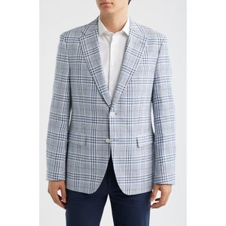 BOSS Hutson Slim Fit Blue & White Plaid Linen & Cotton Blend Sport Coat in Open Blue at Nordstrom, Size 38 Regular