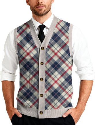 Generic Mens Knitwear Jumpers Mens Classic Button Front Knitted Vest With Plaid Pattern Sleeveless V-neck Soft Fabric Casual Office Style Light Gray 5xl
