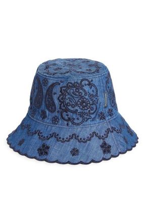 Zimmermann Paisley Embroidered Denim Bucket Hat in Railway Blue at Nordstrom, Size Medium/large