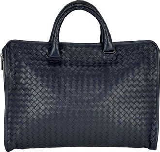 Bottega Veneta Blue Intrecciato Leather Top Zip Briefcase Attache Bag (Authentic Pre-Loved)