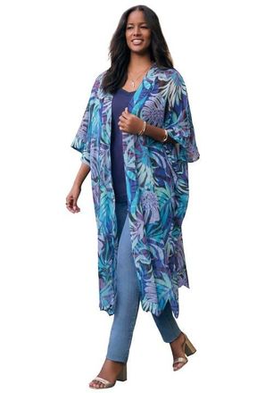 Roaman's Plus Size Flowy Chiffon Duster in Black Multi Tropical Leaves at Nordstrom, Size Medium