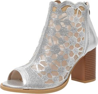 Generic Fashion Women Autumn Mesh Rhinestone Thick Sole Square Heel Zipper Booties Open Toe Sandals Casual Footwear (Silver, 6.5)