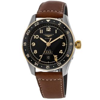 Longines Spirit Zulu Time Automatic GMT Grey Dial 18K Yellow Gold Bezel Leather Strap Mens Watch L3.812.5.53.2
