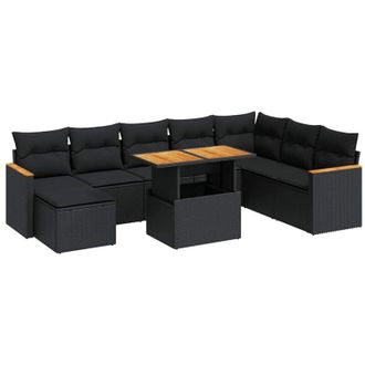vidaXL Set Sof&aacute;s Jard&iacute;n Y Cojines 9 Pzas Rat&aacute;n Sint&eacute;tico Acacia Negro