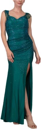 Colors Dress Long Crystal Off The Shoulder Fringe Slit Gown In Deep Green