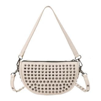 Generic Women PU Leather Studded Rivet Shoulder Bag with Zipper for Work Travel(White)