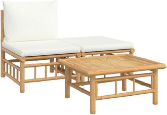 vidaXL Set De Muebles De Jard&iacute;n 3 Piezas Bamb&uacute; Y Cojines Blanco Crema Vidaxl