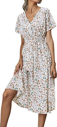 Generic Womens Boho Dresses Summer UK Sale Clearance Loose Casual Midi Tunic Dress Floral Polka Dots Print V Neck Short Sleeve T Shirt Ruffle Dresses