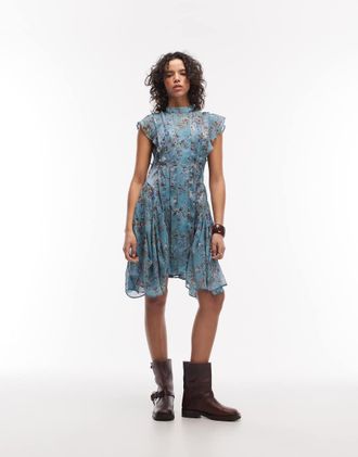 AllSaints Fleur - Vestito corto blu lago a fiori con volant