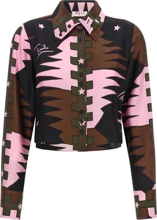 Pucci Overhemden, Dames, Veelkleurig, S, Valdimontone Print Zijden Crop Shirt
