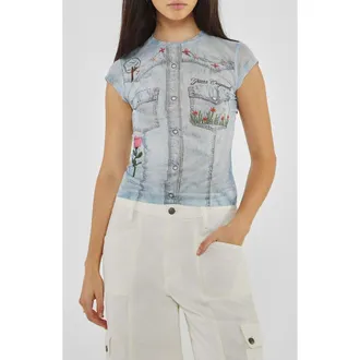 Guess Studded Denim Trompe lOeil Mesh Graphic T-Shirt in Go Printed Denim Embroidery at Nordstrom, Size Small