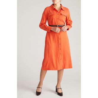 Universal Standard Cooling Long Sleeve Stretch Cupro Blend Shirtdress in Orange Flame at Nordstrom, Size 2Xl