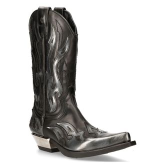New Rock Mens Flame Accented Black/Silver Leather Biker Cowboy Boots- M-7921-S3 - Size EU 41