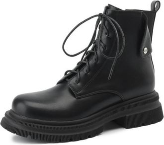 Generic Womens Retro Round Toe Lace Up Ankle Boots Smooth PU Leather Upper Chunky Nonslip Wear Resistant Sole Comfortable Platform Heel for Daily Casual Stree