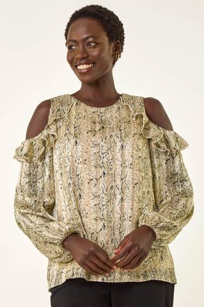Roman Snake Print Frill Cold Shoulder Top