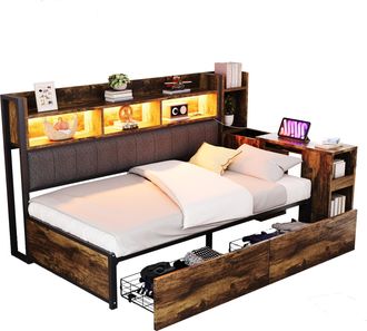 STILVORA Cama Div&aacute;n 90 X 200 Cm De Metal Y Madera Con 2 Cajones, Estantes Y Tomas Multifuncionales, Sin Colch&oacute;n, Madera Natural
