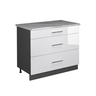 Vicco Mueble Bajo De Cocina Fame-line, Blanco Alto Brillo/antracita, 100 Cm, Et M&aacute;rmol, Vicco