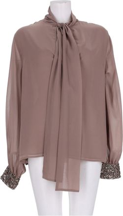 P.A.R.O.S.H. Beige Flowing Beaded Cuff Tie-Neck Blouse