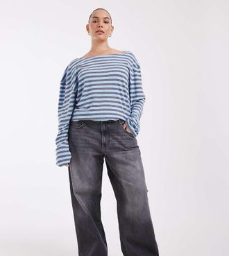 Only ONLY Curve jeans a gamba larga a vita alta in grigio scuro