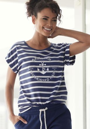 H.I.S T-Shirt H.I.S, Damen, Gr. 48/50, blau (dunkelblau), Sweatware, Obermaterial: 100% Baumwolle, gestreift, Basic h&uuml;ftlang, Rundhals, angeschnitten elasti