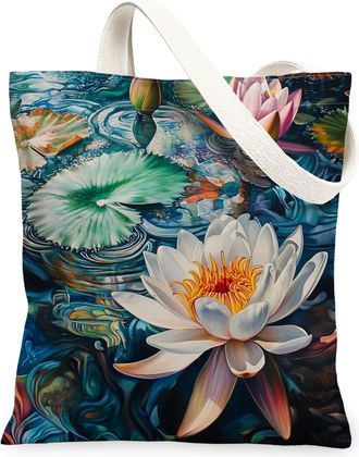 Generic Spring Water Lily pad Canvas Tote Bag for Shopping 13x15, Garden Lotus Leaf Scenic Reusable Grocery Print Bag for Women Men, Cool Floral Aesthetic Pai