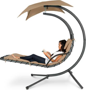 Best Choice Products Hanging Curved Chaise Lounge Chair Swing for Backyard, Patio w/ Pillow, Shade, Stand