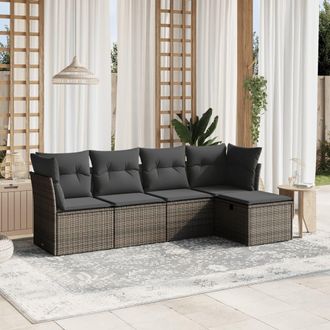 vidaXL Juego De Sof&aacute;s Jard&iacute;n Con Cojines 5 Pzas Rat&aacute;n Sint&eacute;tico Gris Vidaxl