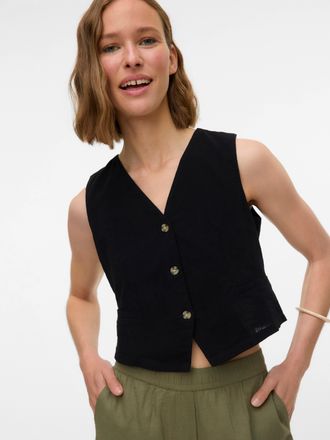 Vero Moda Kurzweste VERO MODA VMCAIA SL VEST WVN NOOS, Damen, Gr. XL, schwarz, Web, Obermaterial: 90% Baumwolle, 10% Leinen, unifarben, normal, V-Ausschnitt, We