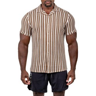 Maceoo Marthy Knit Short Sleeve Button-Up Shirt in Brown at Nordstrom, Size 4