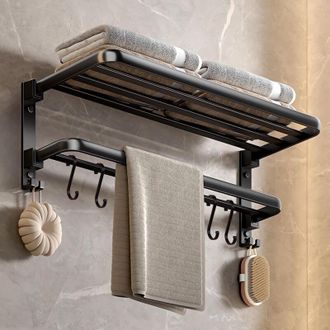 OEM Toallero De Pared Sin Necesidad De Taladrar, Barra Para Toallas De Ducha, Soporte Doble Para Toallas, Plegable A 90&deg;, 40 Cm De Largo, Negro -crezuo
