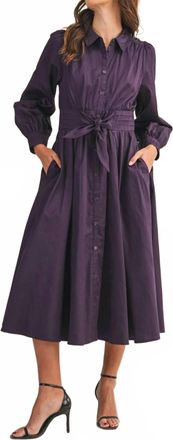Merci Pintuck Waist Tie Front Midi Dress In Eggplant
