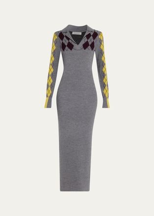Zankov Raisa Reverse Argyle Wool Knit Empire Maxi Polo Dress