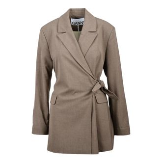 Ganni Lange jas met kruisstrik sluiting - Dames - Blazers - Bruin - L - Polyester - Jassen