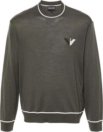 Emporio Armani Wollen Trui Ronde Hals Lange Mouwen Geribbeld Logo - Heren - Ronde hals truien - Grijs - S - Wol - Truien & Vesten