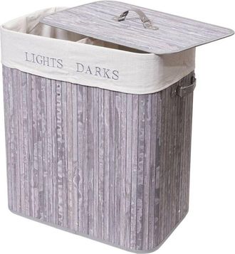 Hhg Hhg - Nunca Usado] Cesto Para Ropa Sucia 153, Caja Para Ropa Sucia Cesto Para Ropa Sucia, Bamb&uacute; 2 Compartimentos 63x55x34cm 100l, Gris Oscuro