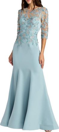 Mac Duggal Embroidered Crepe Mermaid Gown with Illusion Neckline in French Blue at Nordstrom, Size 16