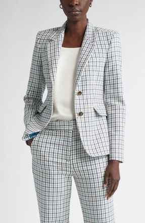 St. John Houndstooth Stretch Cotton Blazer in Tropical Blue/Ivory Multi at Nordstrom, Size 12