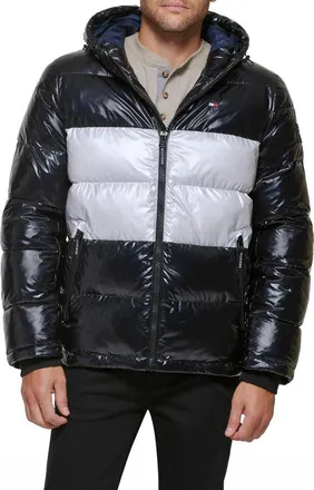 Tommy Hilfiger Quilted Puffer Hooded Mid Length Jacket in Black/silver at Nordstrom Rack, Size Xx-Large