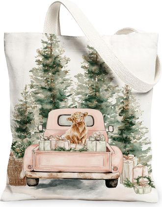 Generic Winter Holiday Canvas Tote Bags, Rustic Dog Design Reusable Grocery Bags, Vintage Floral Lightweight Washable Shoulder Stra, White, 13x15 Inch