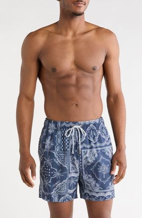 Vintage Summer Swimwear Palm Bandana Print 4 Way Stretch Volley Swim Trunks in Navy at Nordstrom Rack, Size Xx-Large