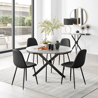 Furniturebox Novara Grey Concrete Effect Black Leg 120cm Round Dining Table & 4 Corona Black Leg Chairs