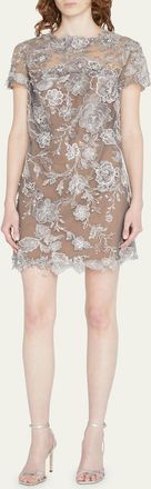 Marchesa Floral-Embroidered Tulle Shift Mini Dress