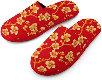Generic Chinese New Year Flower Mens Flannel Slipper Soft Comfy House Shoes Non Slip Winter Warm Indoor Outdoor Slippers