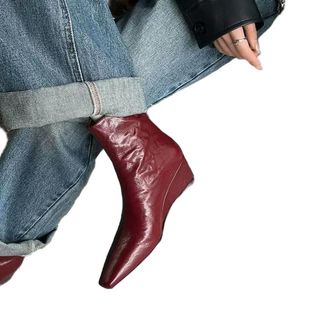 Generic GLDFW Fall/Winter Soft Sheepskin Pointed Toe Booties Womens Block Heel Low Heel Back Zip Vintage Ankle Boots Red