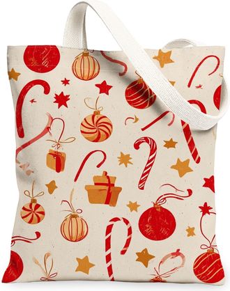 Generic Christmas Ornaments Canvas Tote Bags, Holiday Pattern Reusable Shopping Bags, Vintage Lightweight Washable Canvas for Trave, Red, 13x15 Inch