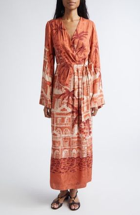 Johanna Ortiz Ollantay Tropical Jacquard Long Sleeve Wrap Dress in Marsala /Ecru at Nordstrom, Size 12